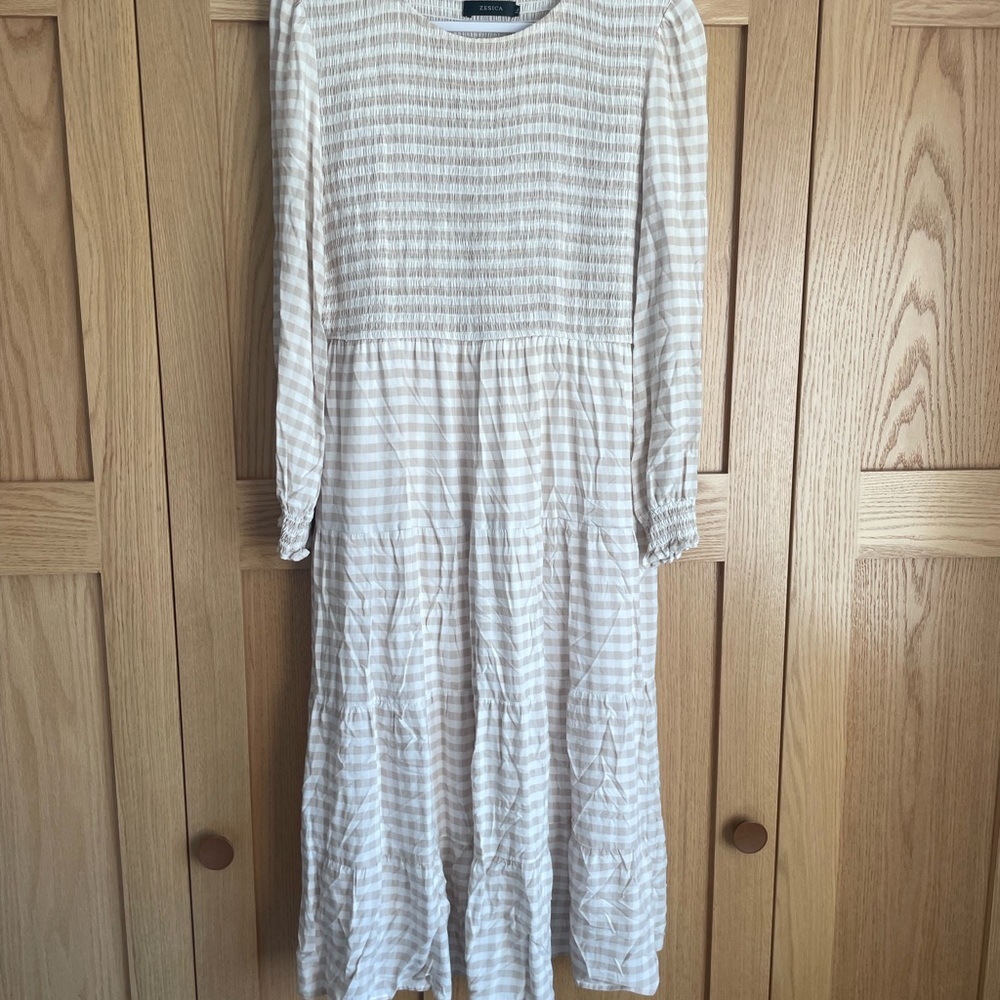 Cream Gingham Smocked Midi Dress
